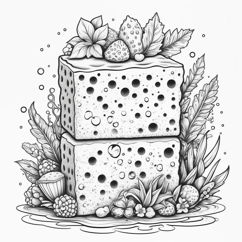 black and white illustration of a sponge with various plants and berries