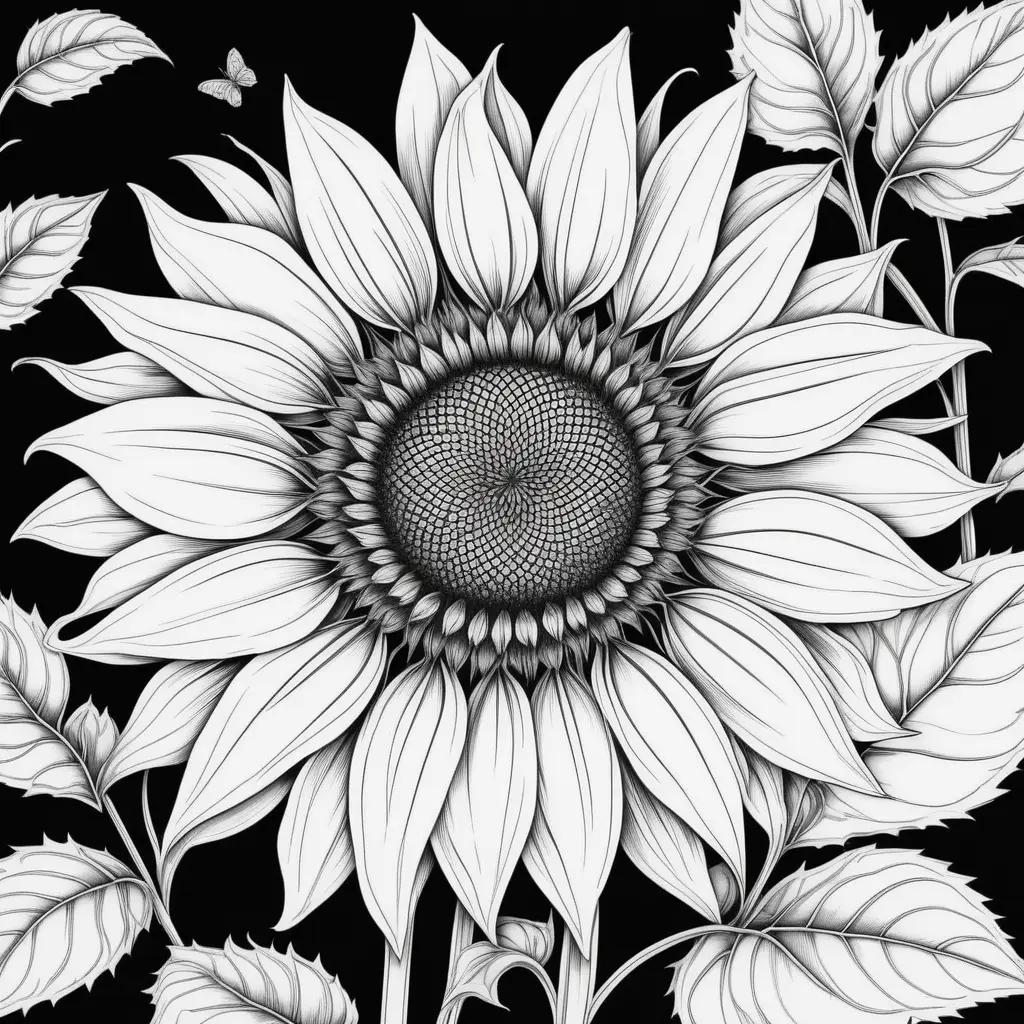 black and white illustration of a sunflower with leaves and a butterfly