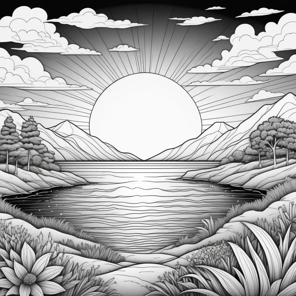 black and white illustration of a sunset over a body of water with clouds