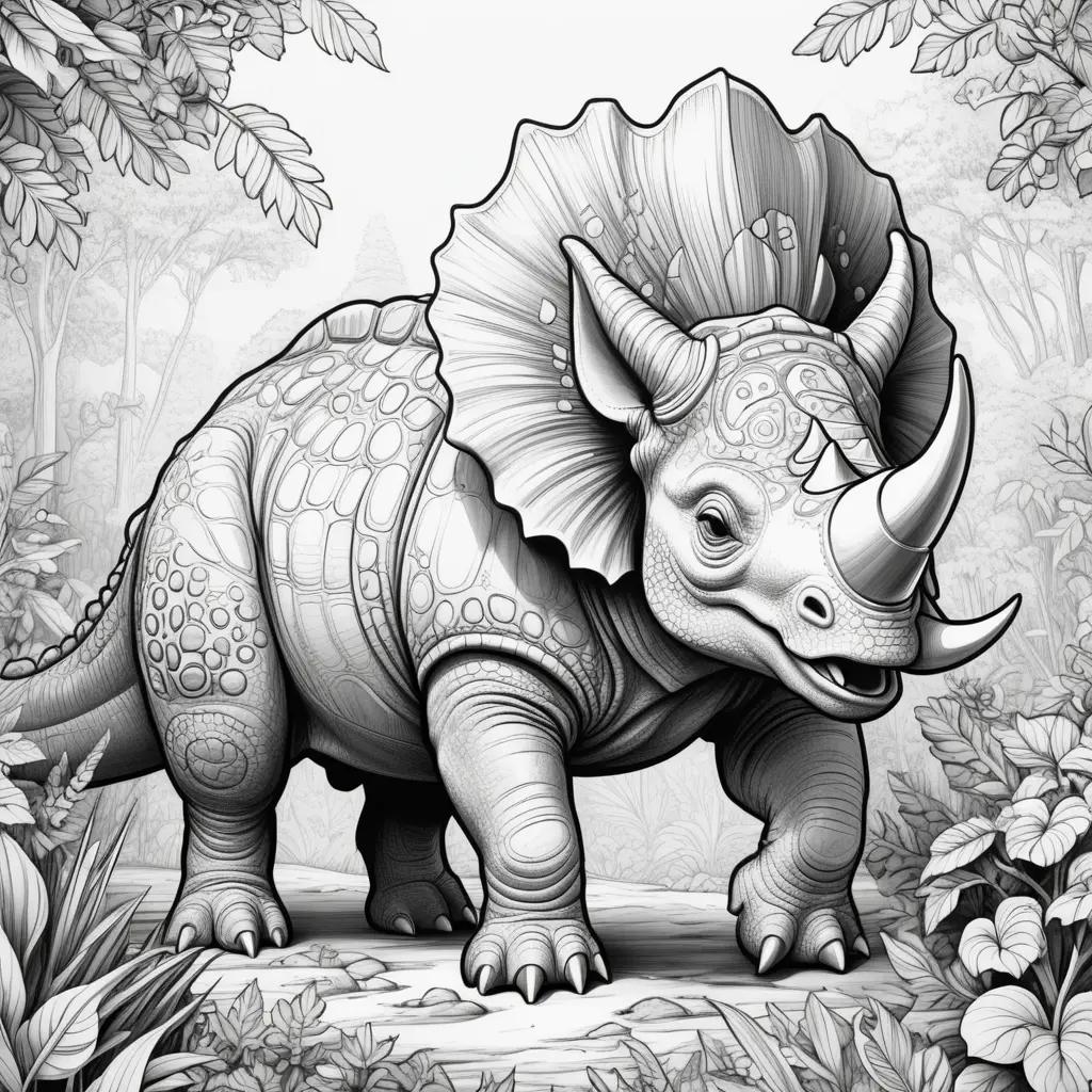 black and white illustration of a triceratops in a forest setting