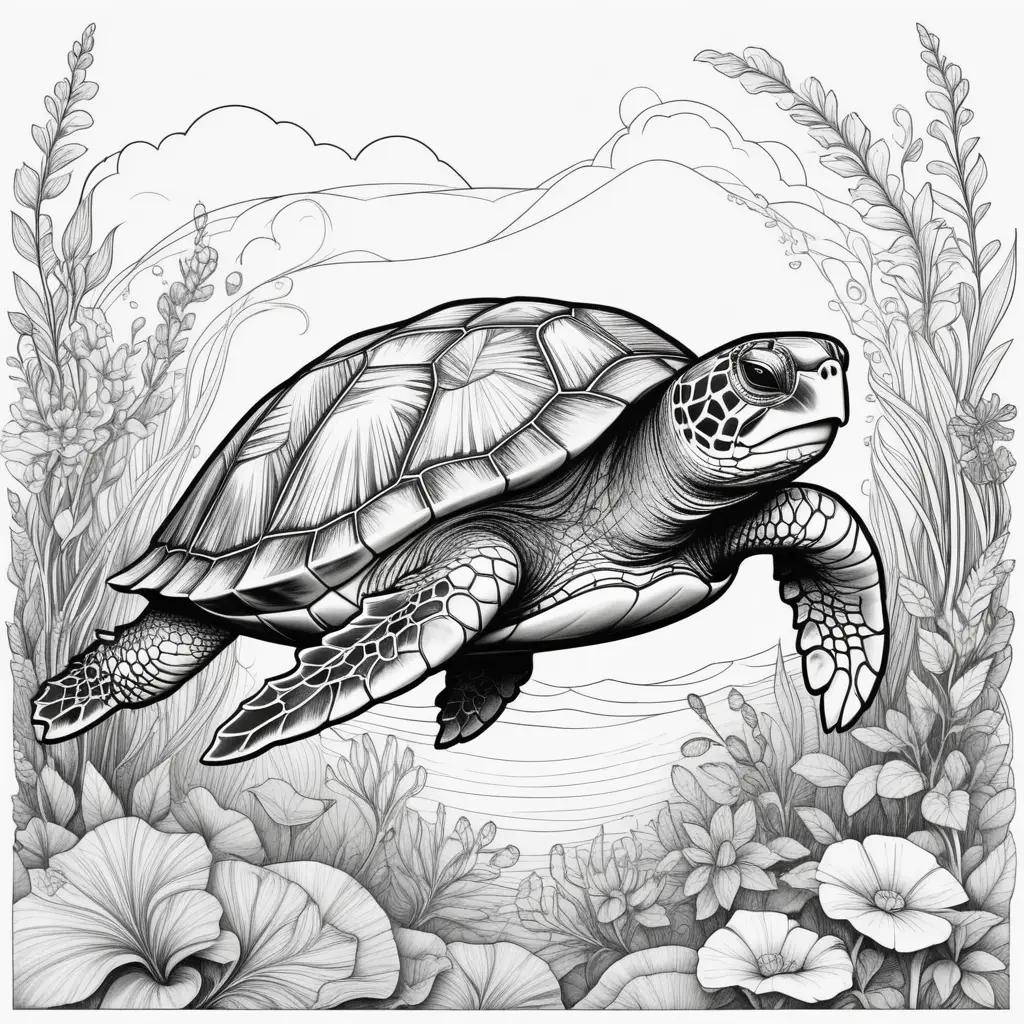 black and white illustration of a turtle coloring pages