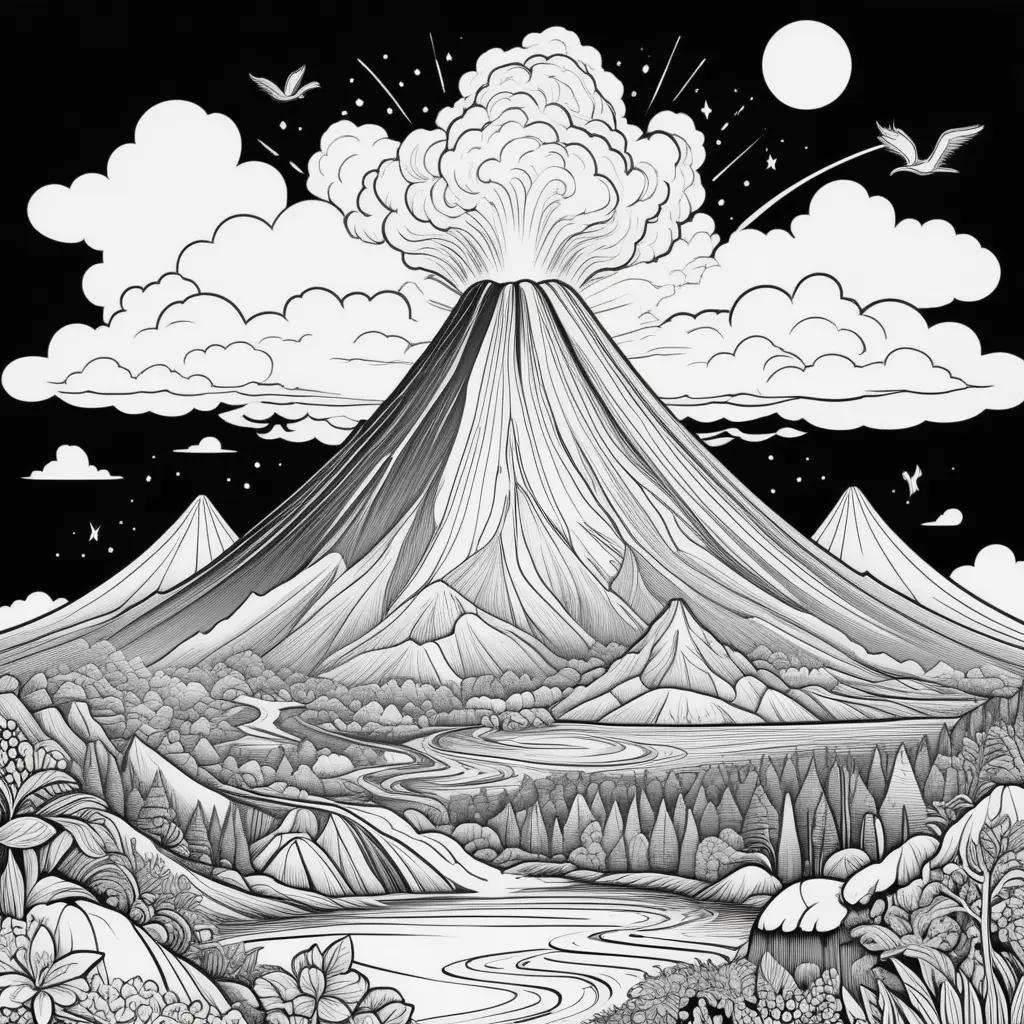 black and white illustration of a volcano and its surroundings