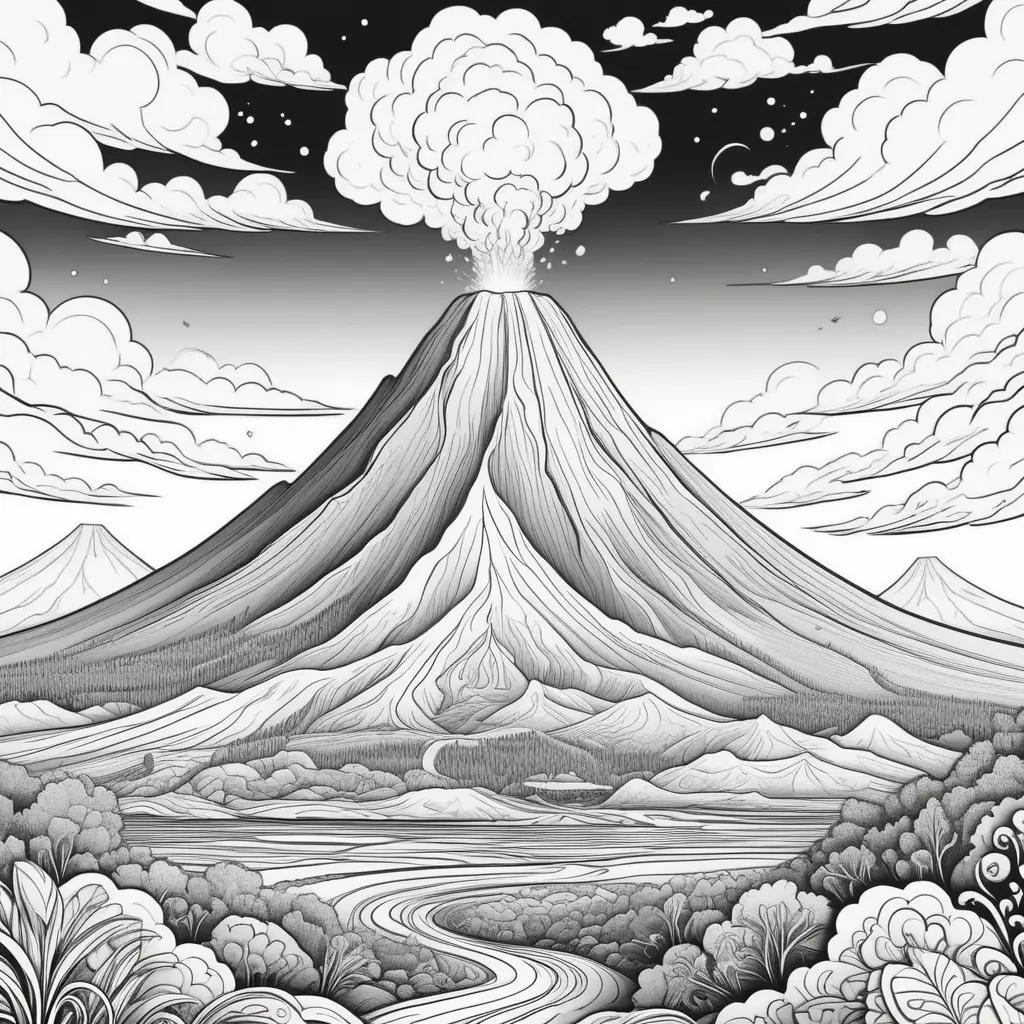 black and white illustration of a volcano in the sky