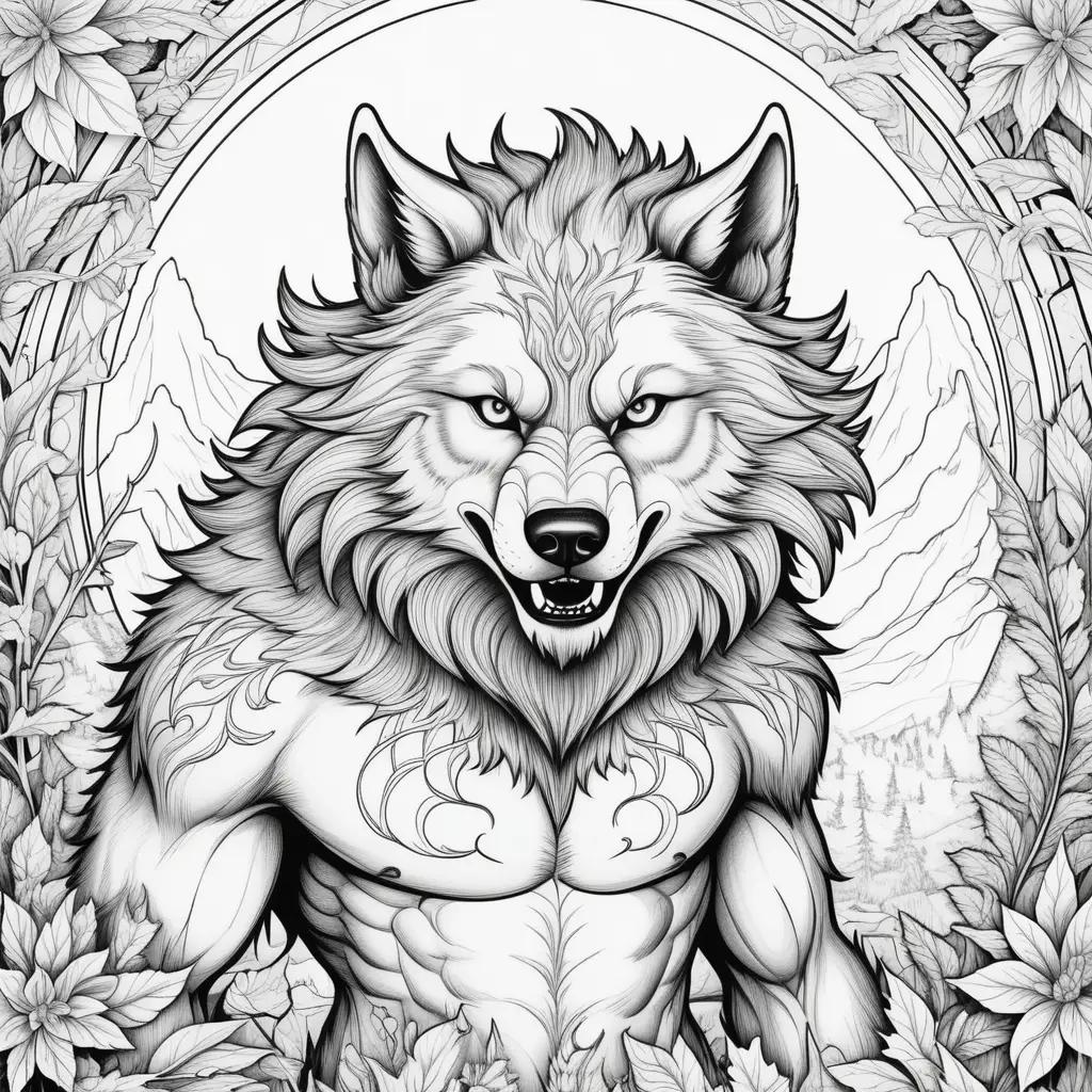 black and white illustration of a werewolf in a floral setting