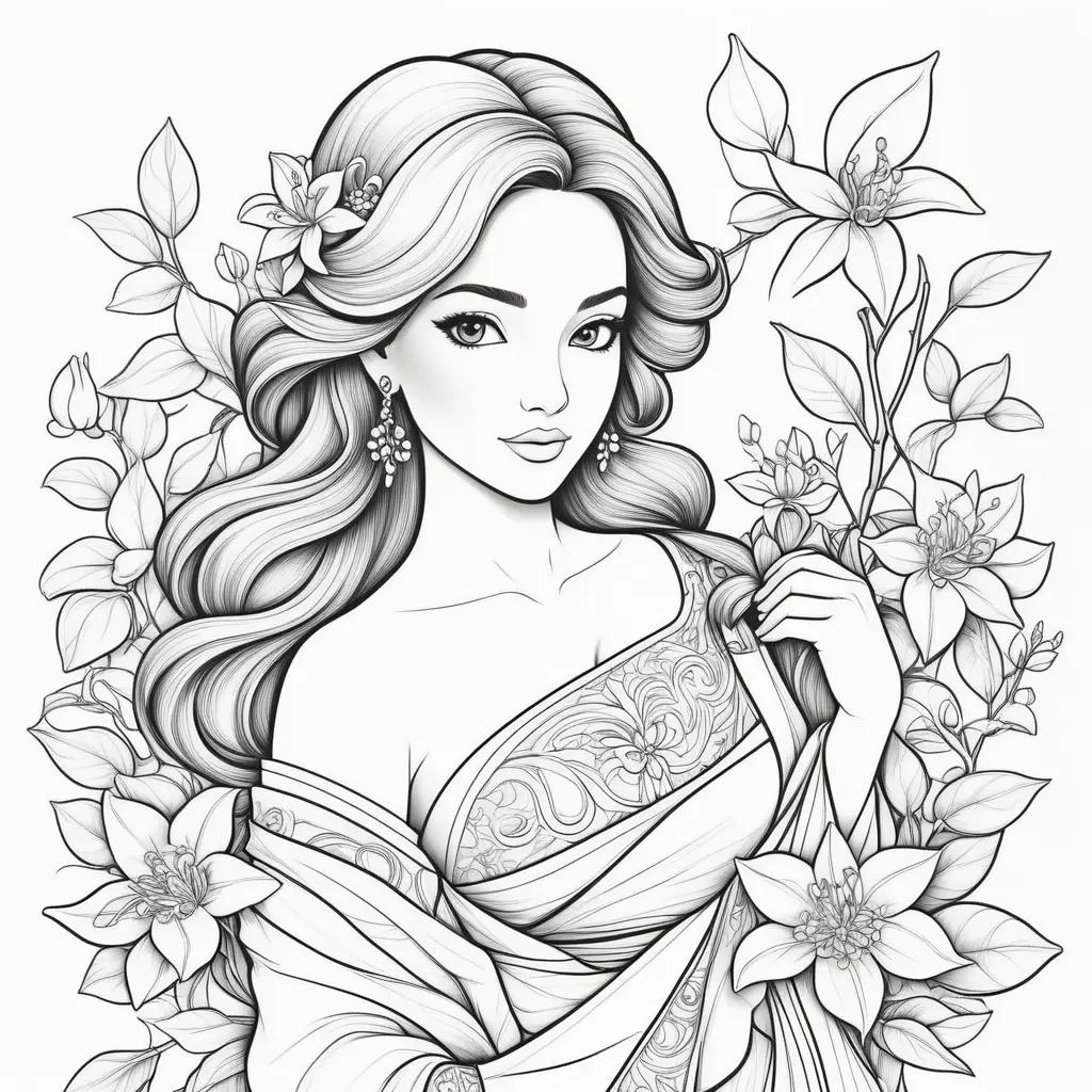 black and white illustration of a woman with jasmine coloring pages