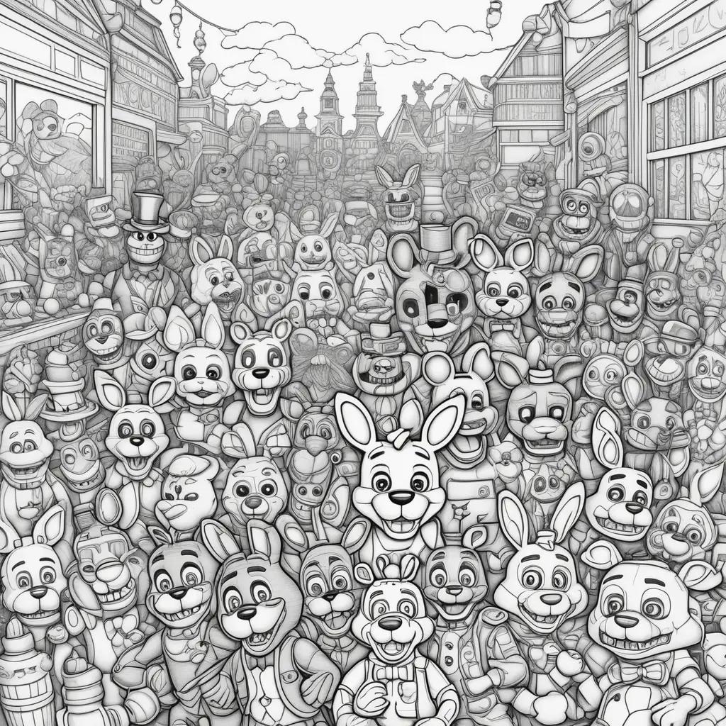 black and white illustration of all characters in Five Nights at Freddys