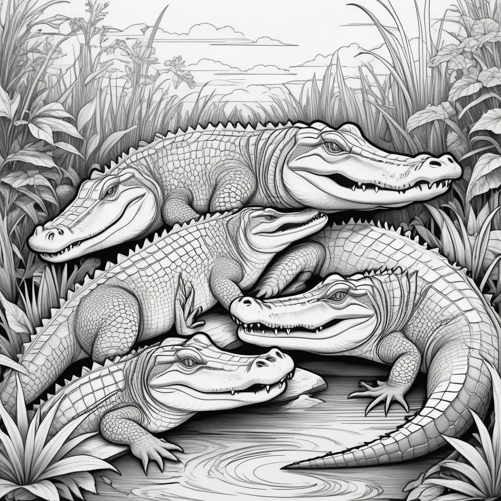 black and white illustration of alligators in a marsh