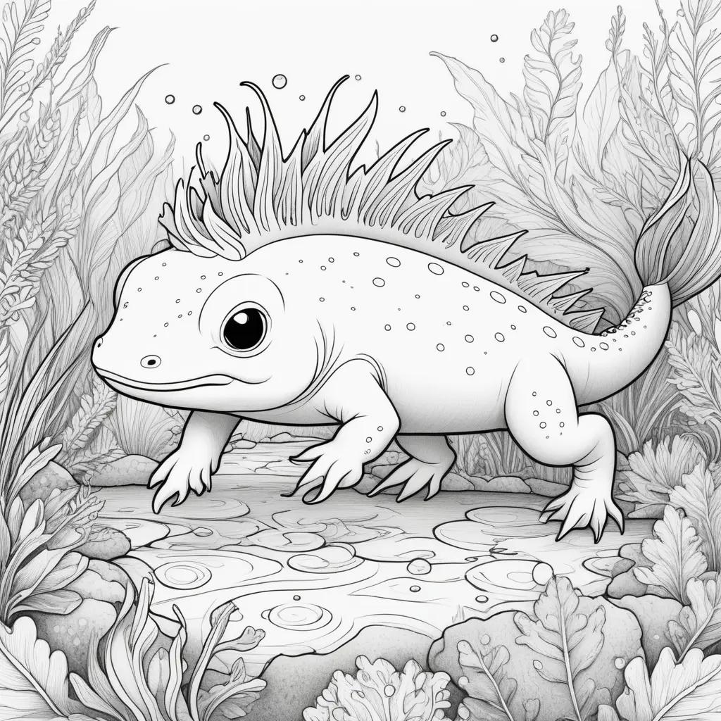 black and white illustration of an axolotl in a pond