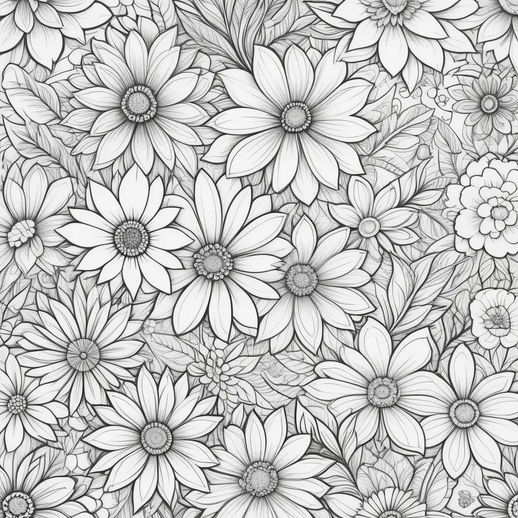 black and white illustration of colorful flowers