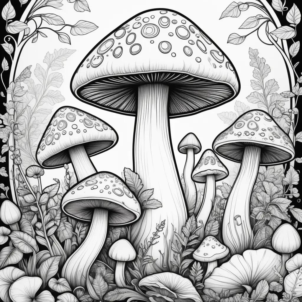 black and white illustration of colorful mushrooms on a plant