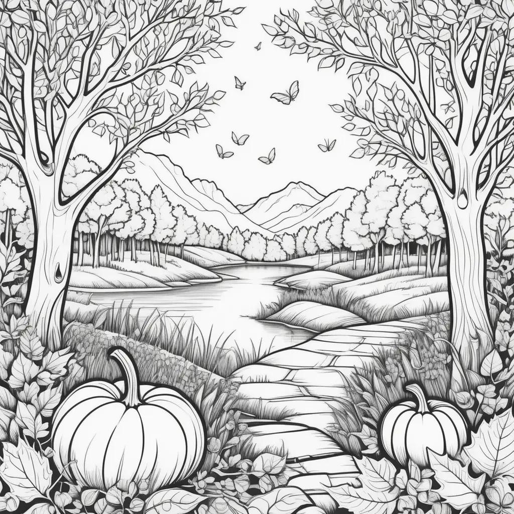 black and white illustration of fall trees and pumpkins