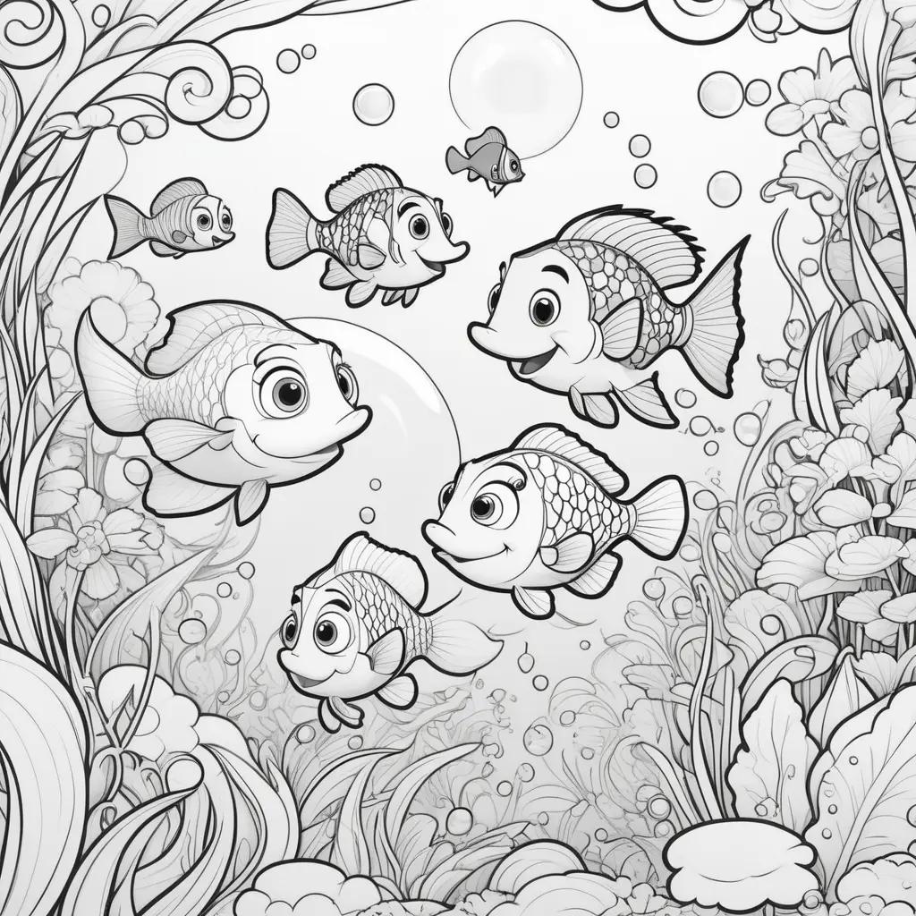 black and white illustration of guppies swimming in bubbles