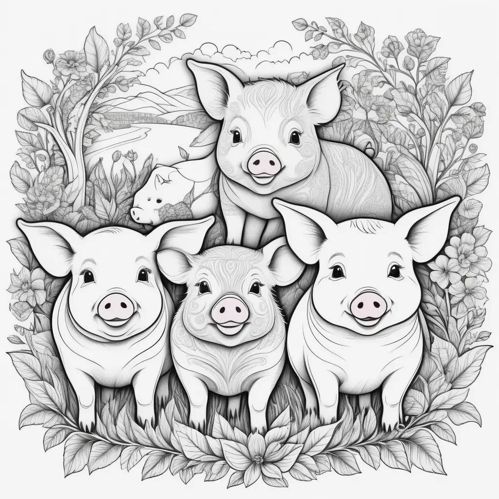 庭の豚の白黒イラスト