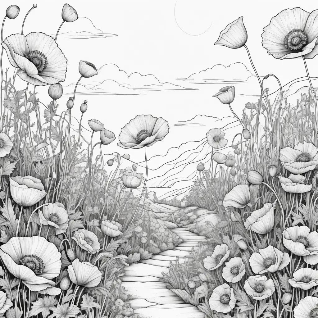 black and white illustration of poppies and a path