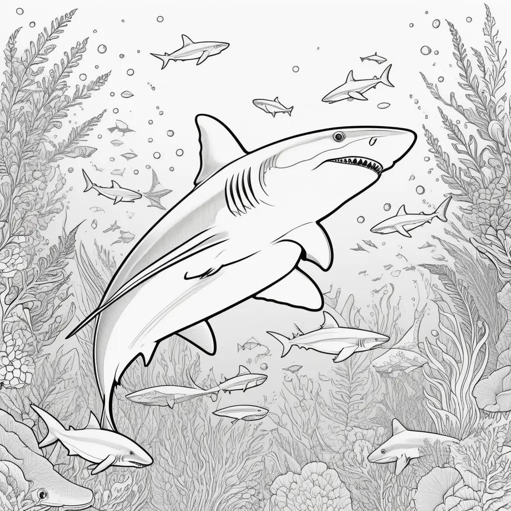 black and white illustration of sharks in the ocean