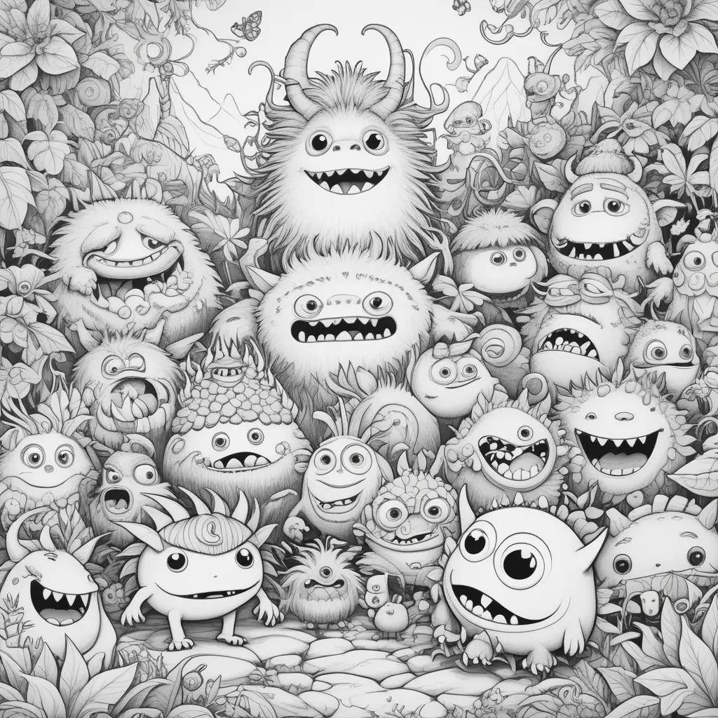 black and white illustration of singing monsters