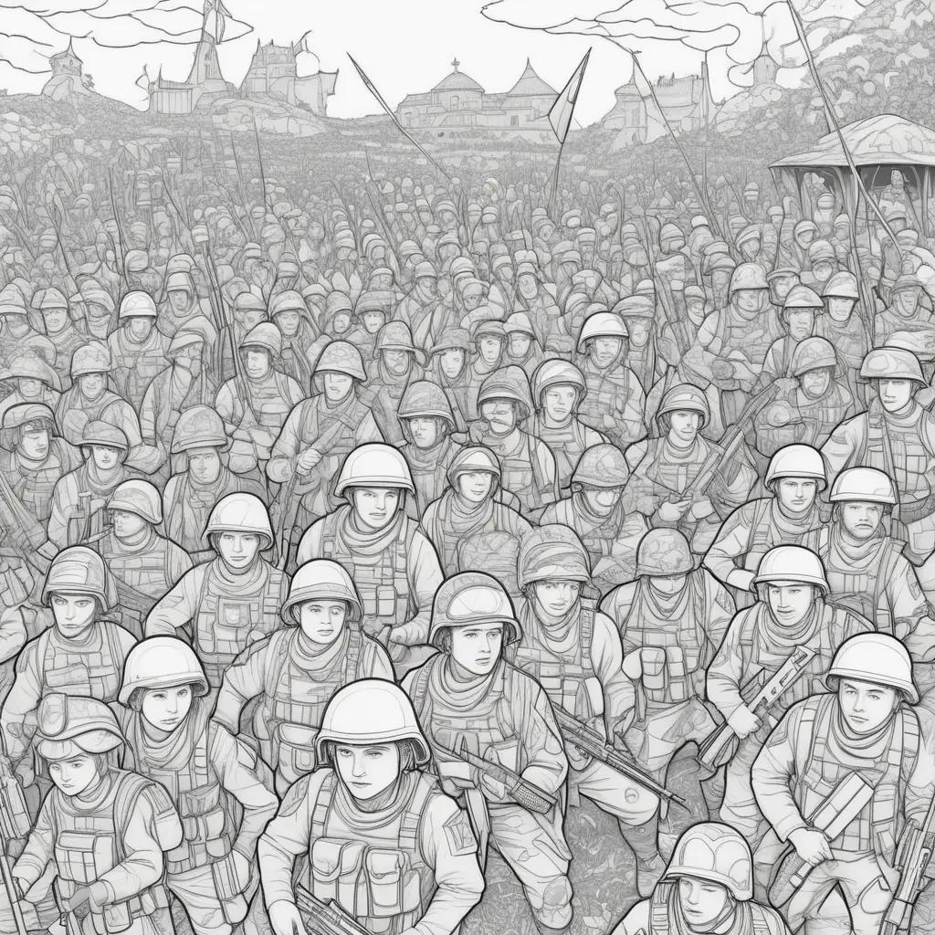 black and white illustration of soldiers in a crowd