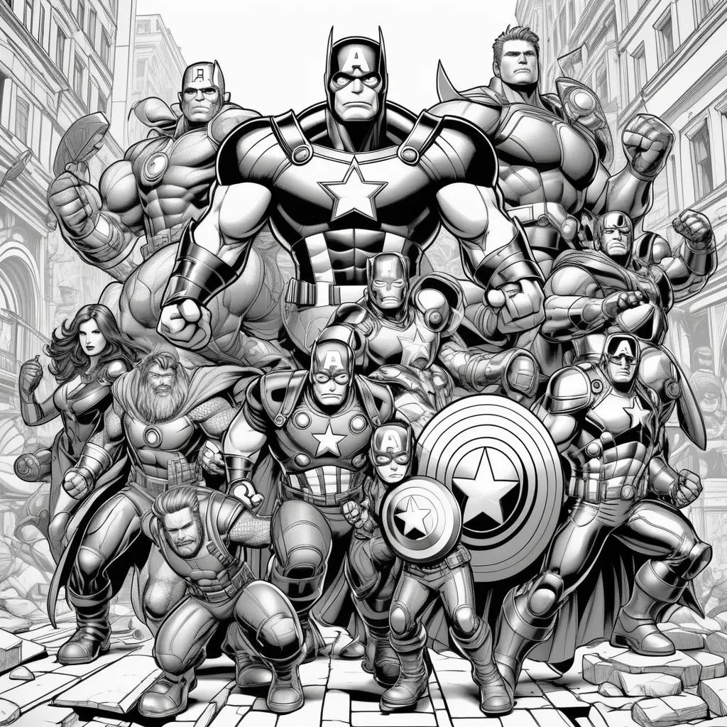 black and white illustration of the Avengers in a city scene