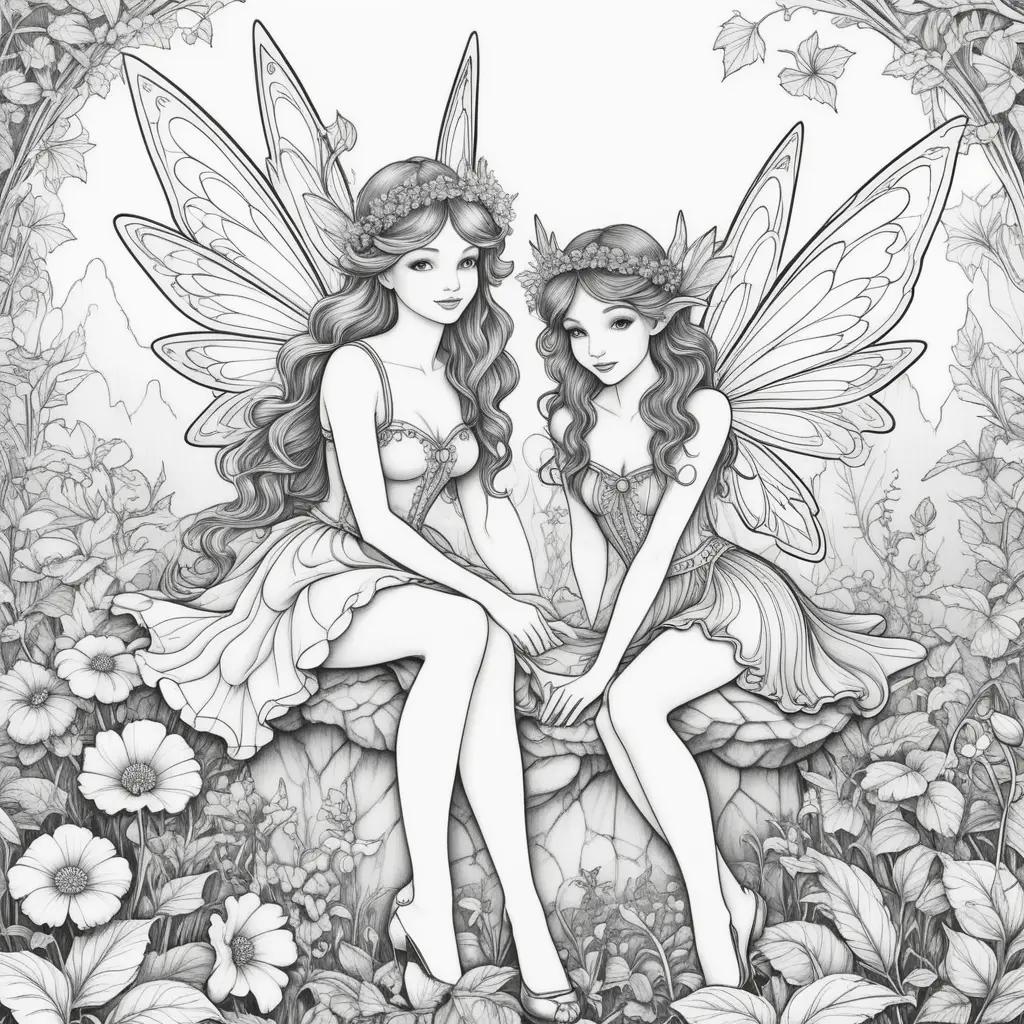 庭の2人の妖精の白黒イラスト