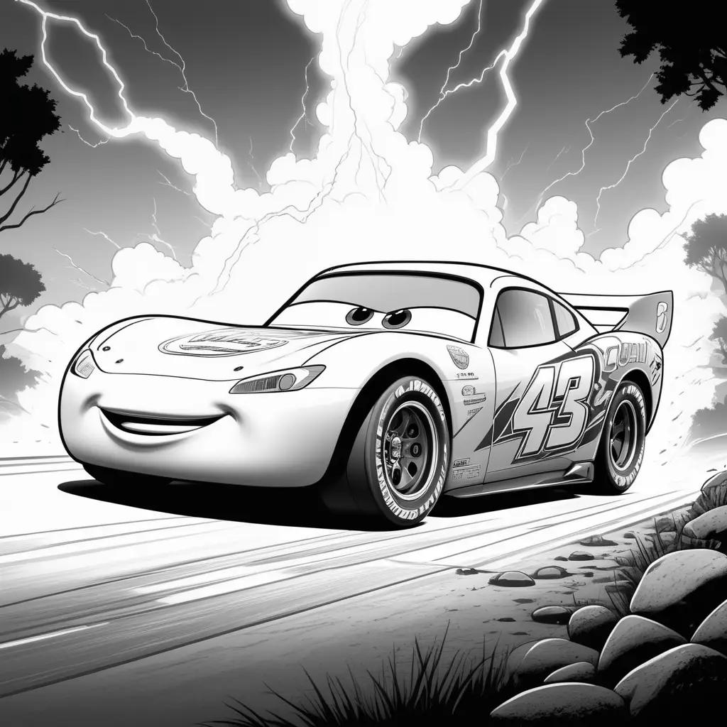 black and white image of Lightning McQueen in a car