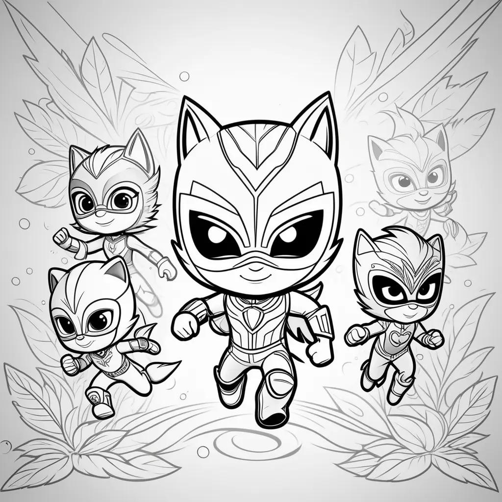 black and white image of PJ Masks characters