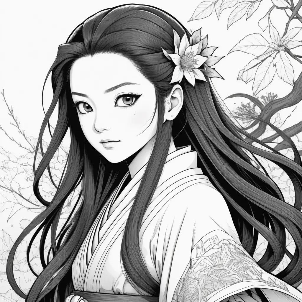 black and white image of a female anime character with a flower in her hair
