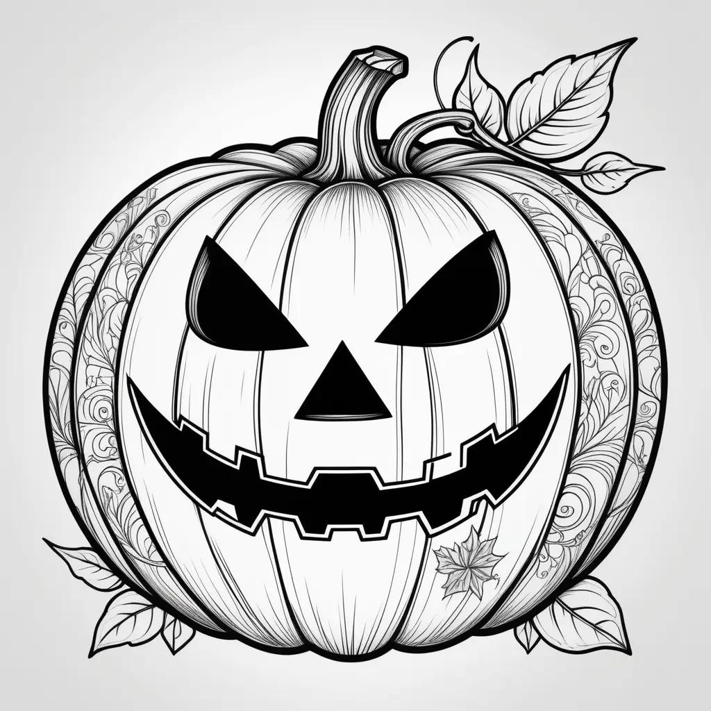 black and white jack o lantern coloring page with a scary face