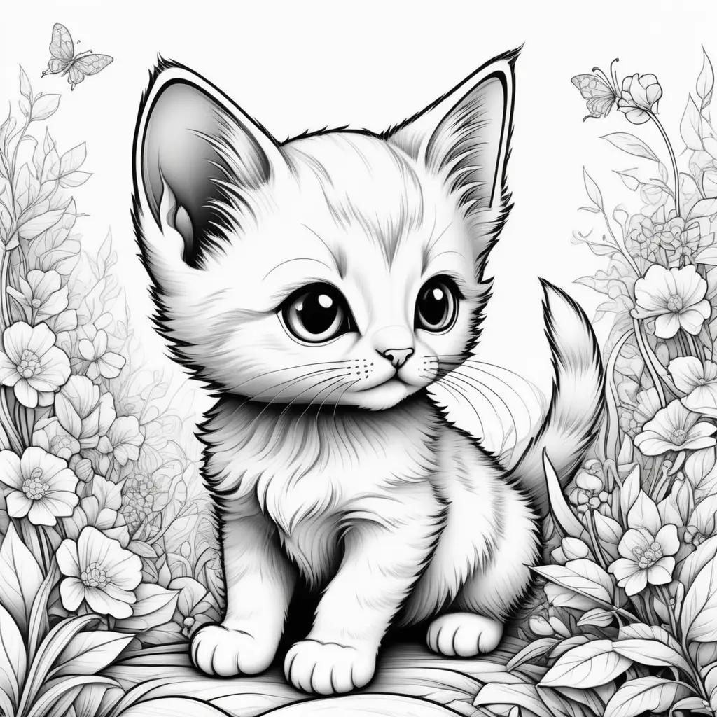 black and white kitten coloring page with flowers