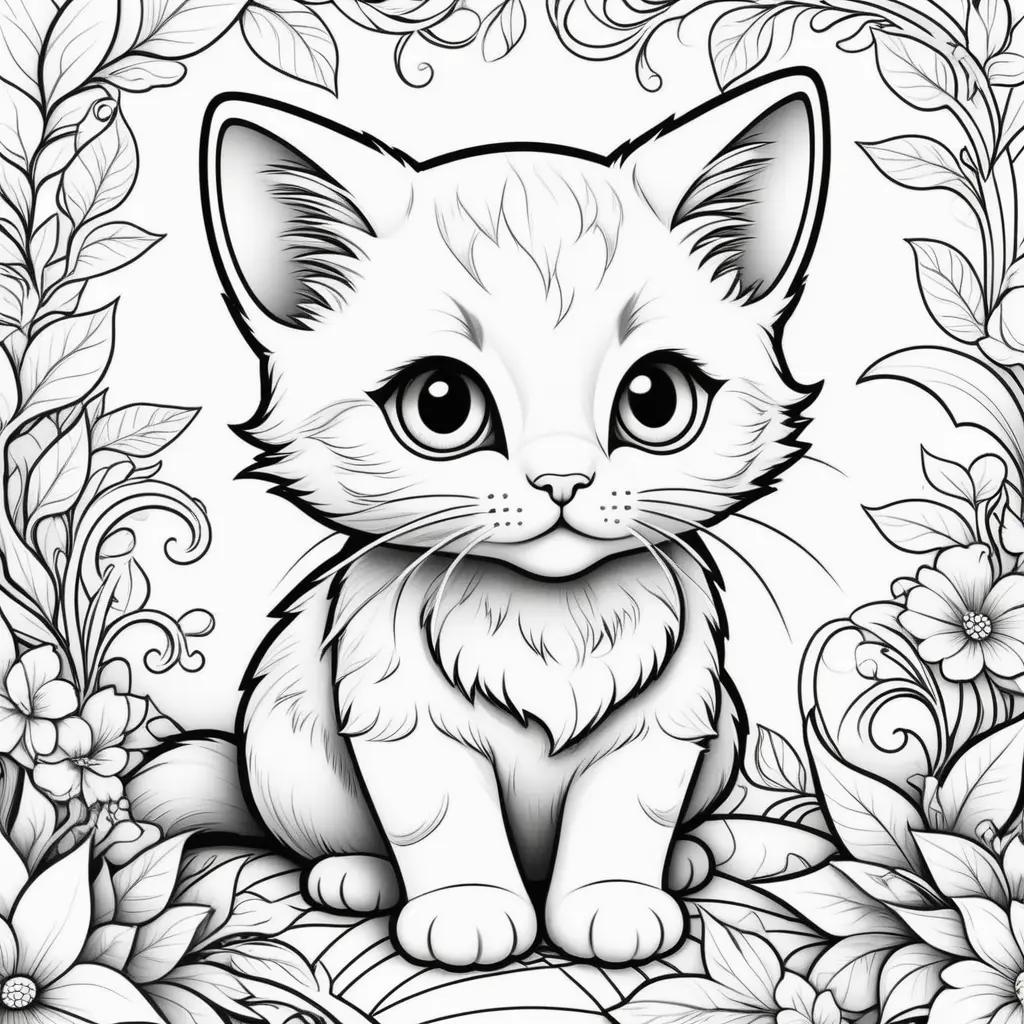 black and white kitten coloring page with flowers in the background