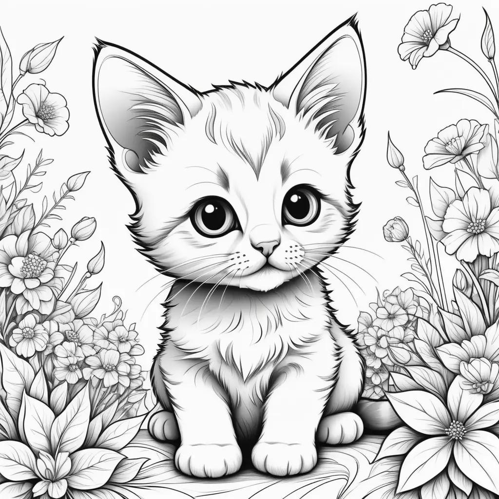 black and white kitten sits in the foreground of a flower garden