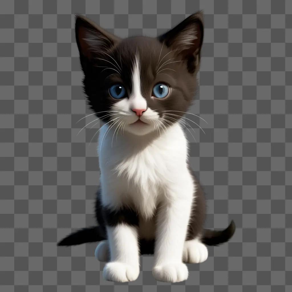 black and white kitten with blue eyes and long ears is illustrated