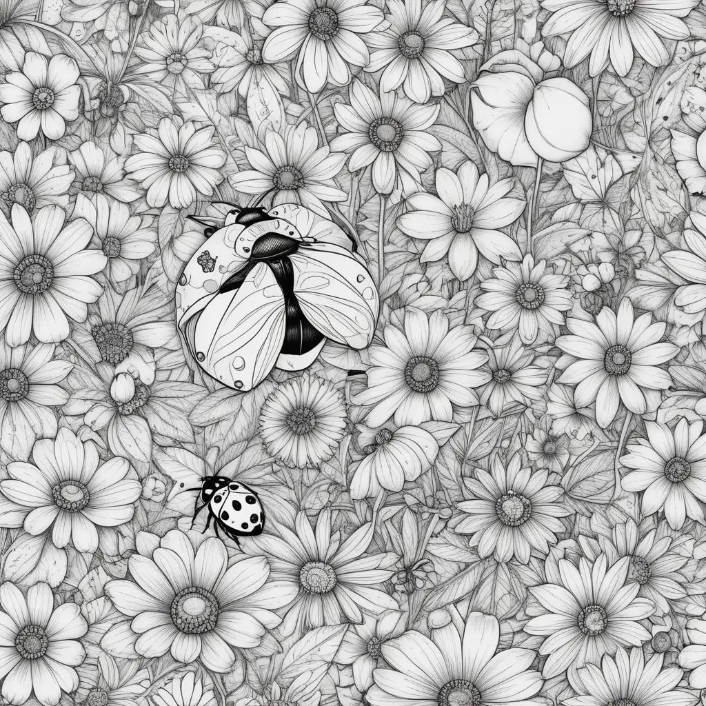 black and white ladybug coloring page with flowers