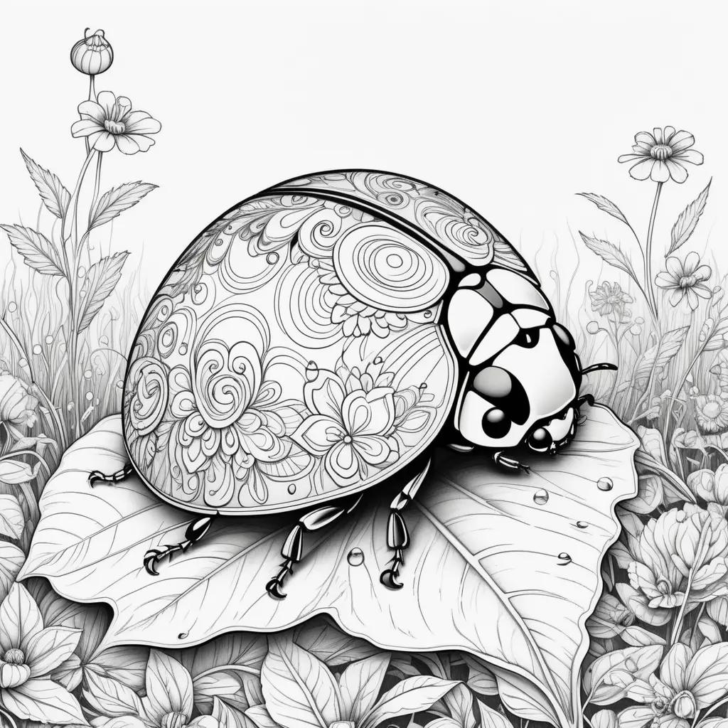 black and white ladybug coloring page with swirls and flowers