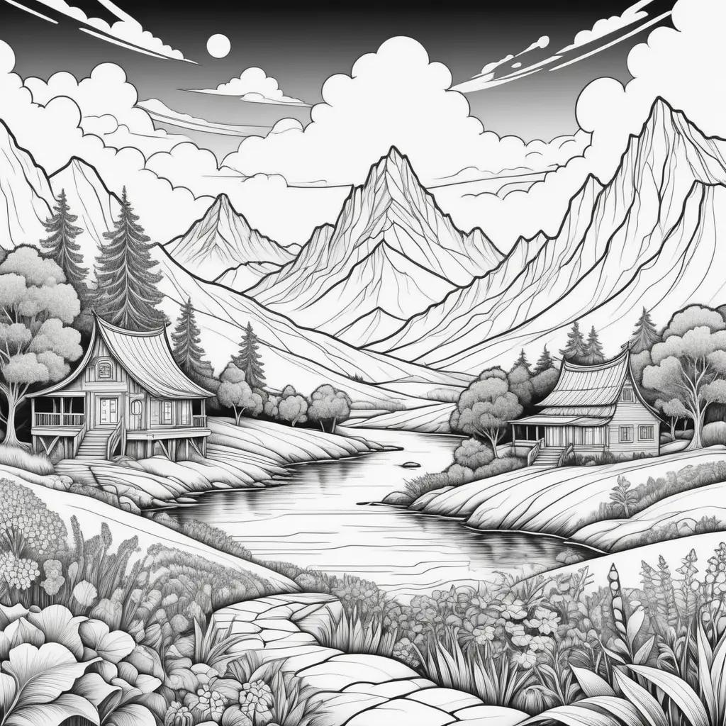 black and white landscape coloring page of mountains, a river, and a village