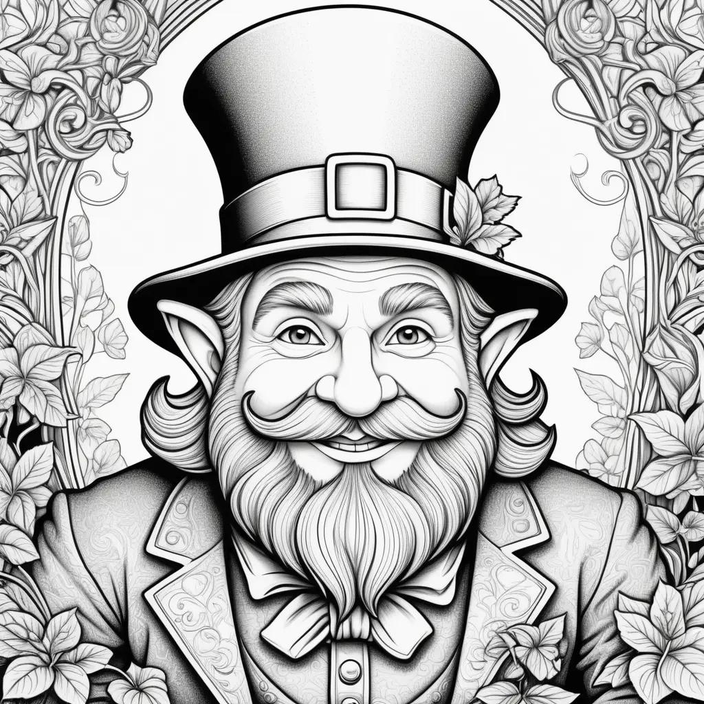 black and white leprechaun coloring page with a hat and beard