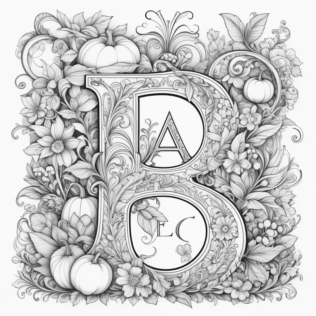 black and white letter A with flowers and fruit around it