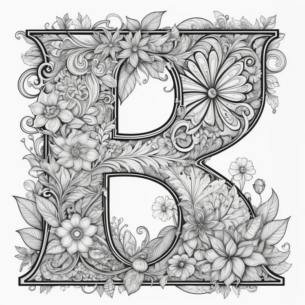 black and white letter B is surrounded by flowers