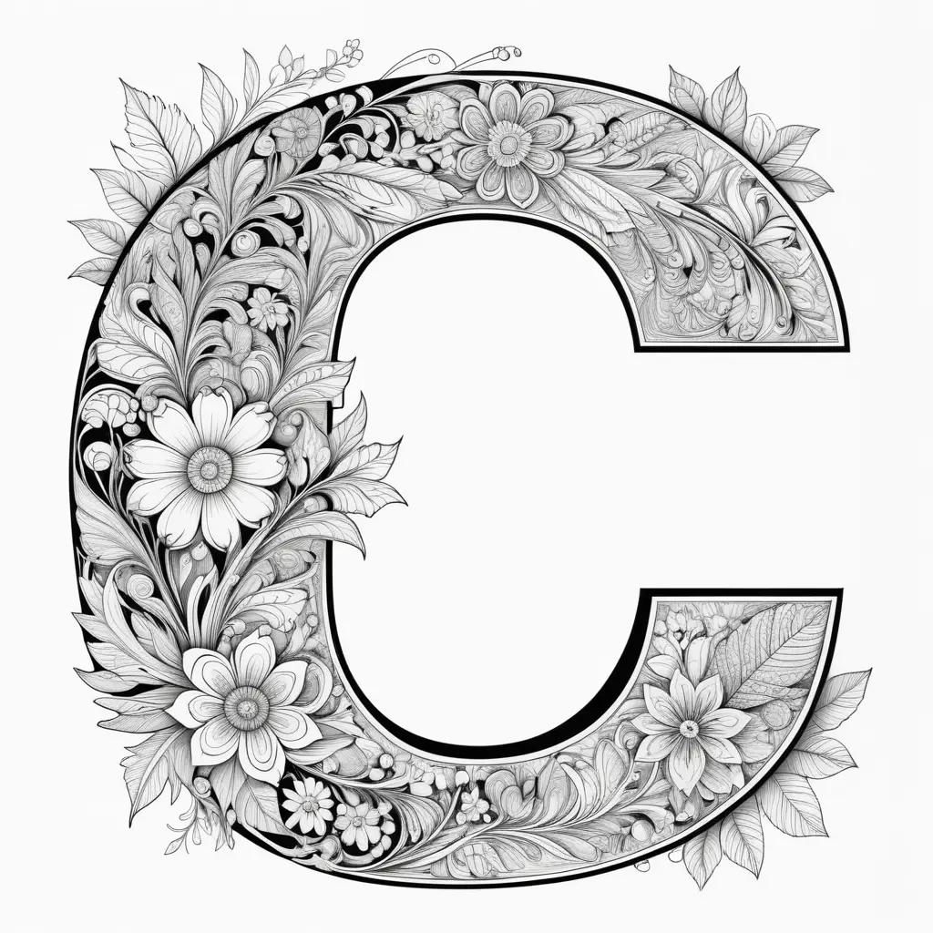 black and white letter C drawing with flowers and leaves