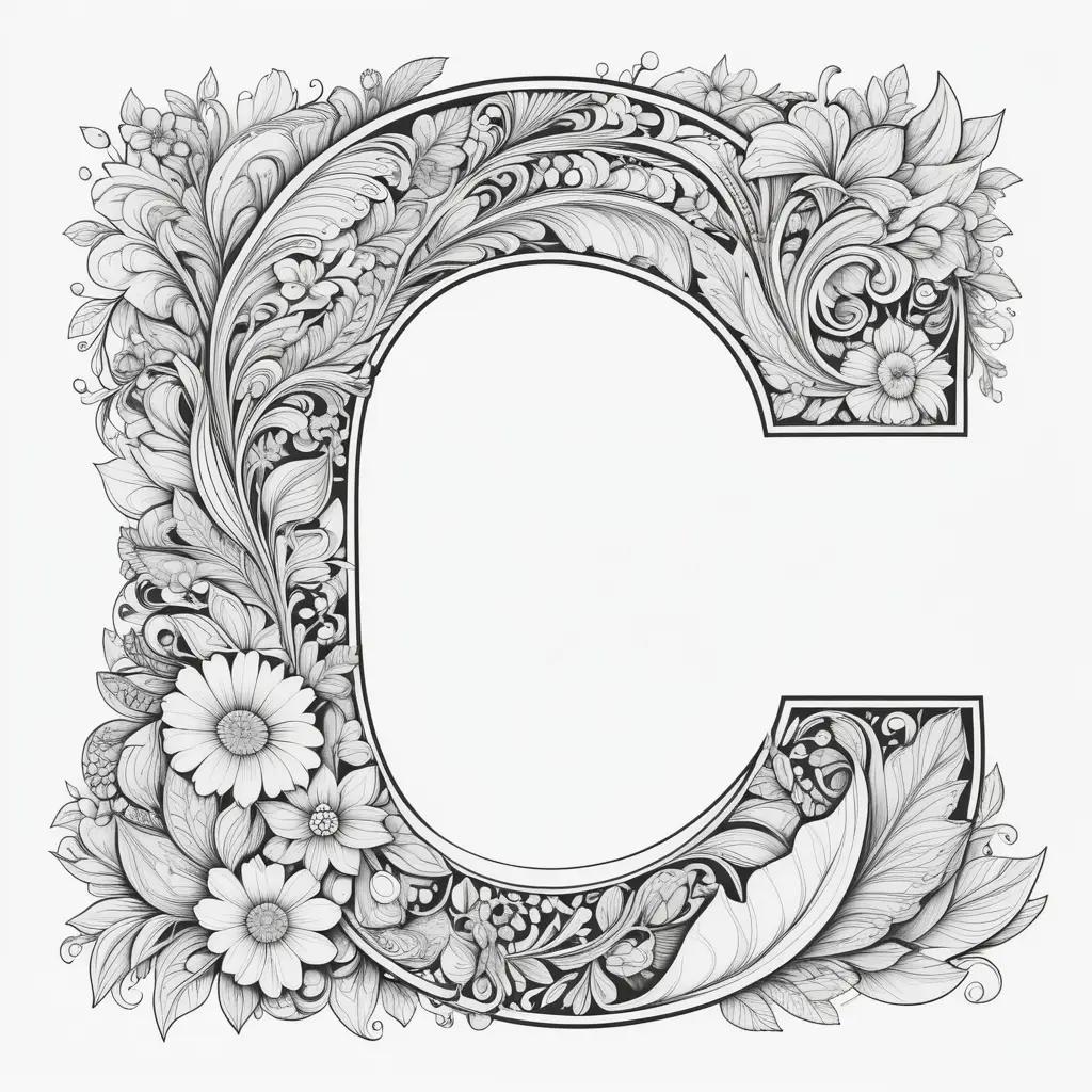 black and white letter C with floral and leaf designs