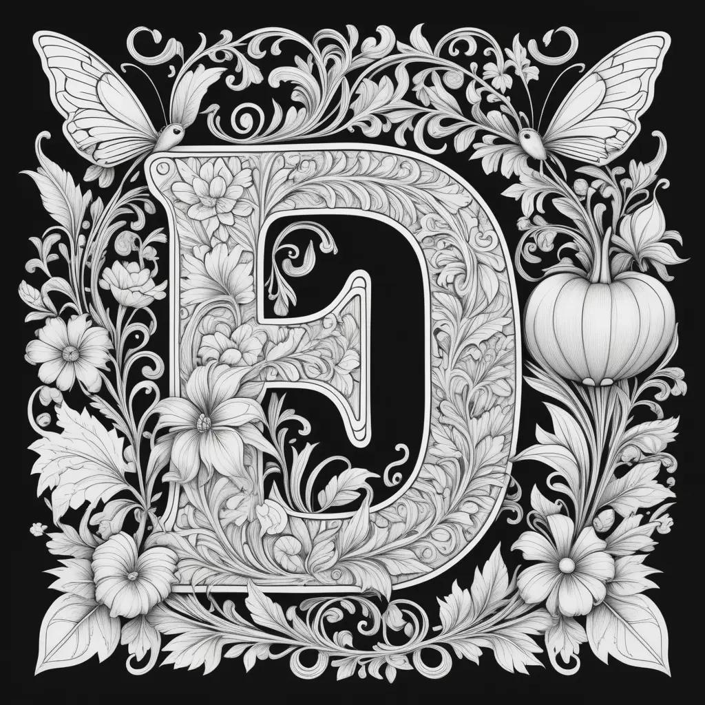 black and white letter D is surrounded by flowers and butterflies