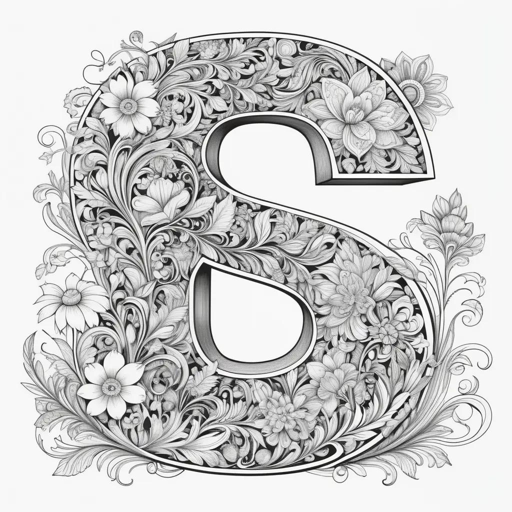 black and white letter S is illustrated with flowers