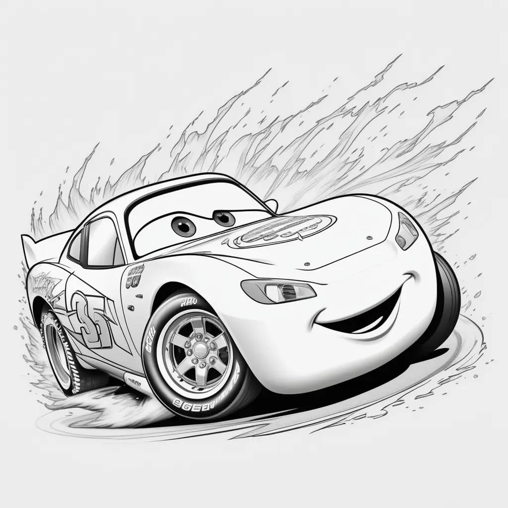 black and white lightning McQueen coloring page with a smiley face