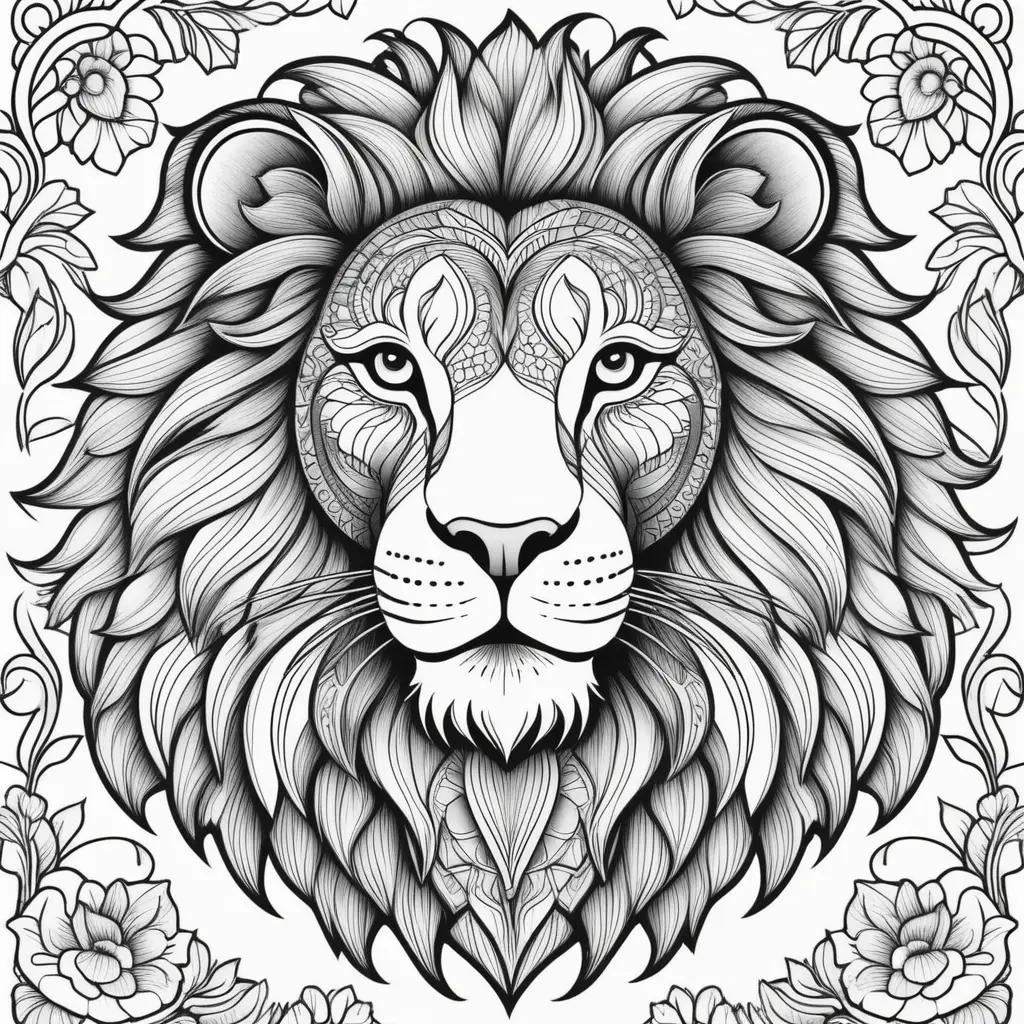 black and white lion head with floral design