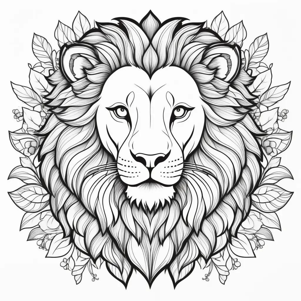 black and white lion with floral details