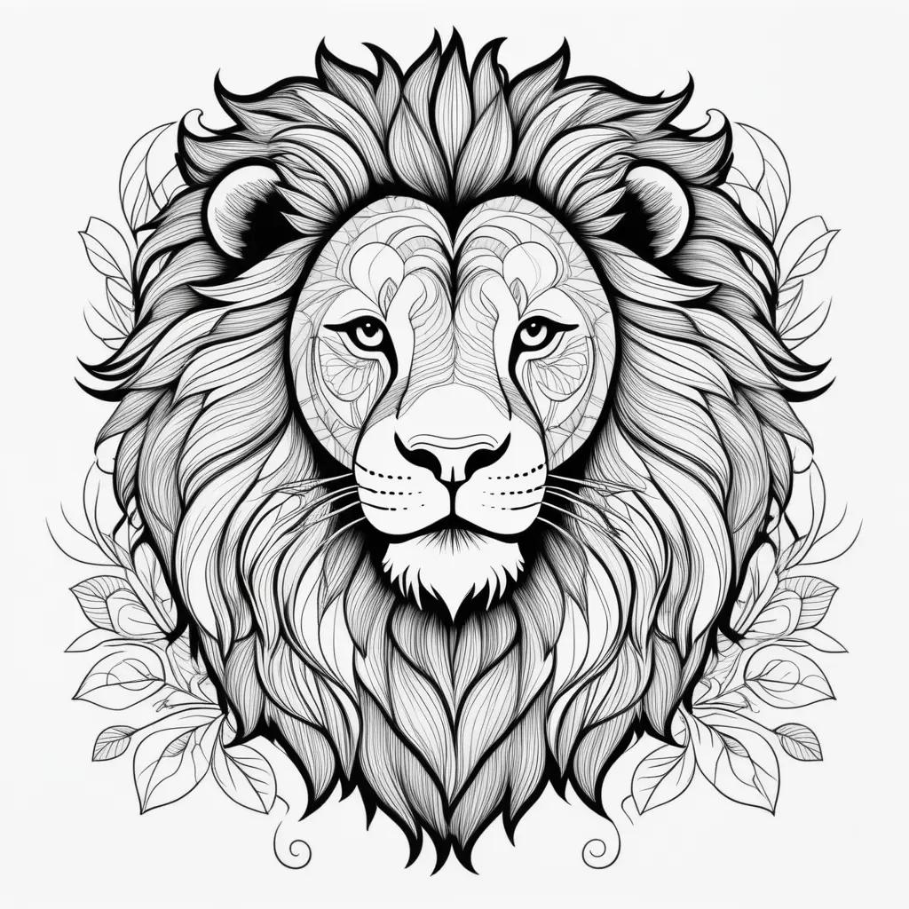 black and white lion with leaves as a background