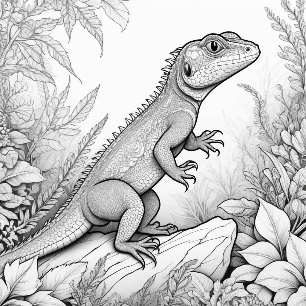 black and white lizard coloring page with green leaves