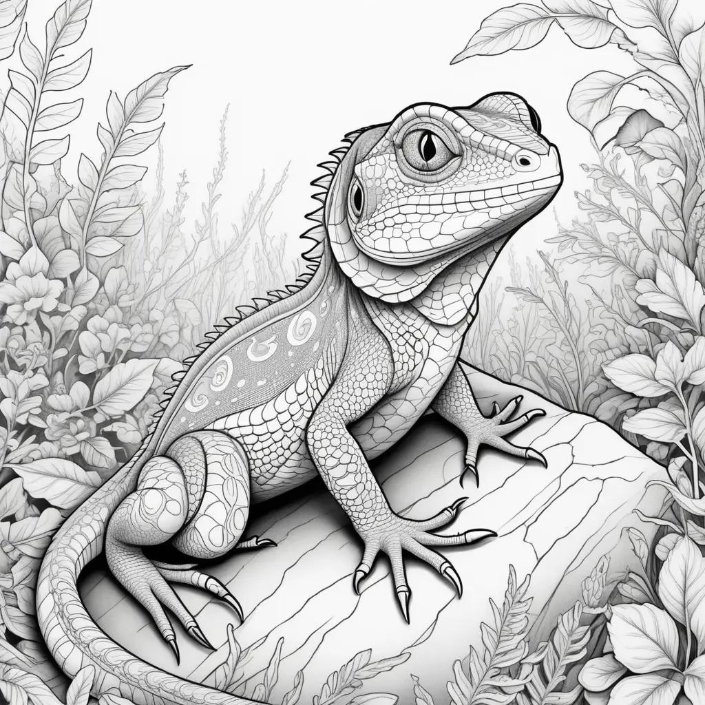 black and white lizard coloring page with leaves in the background