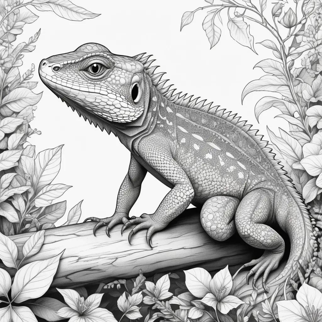 black and white lizard sits on a branch in a floral background