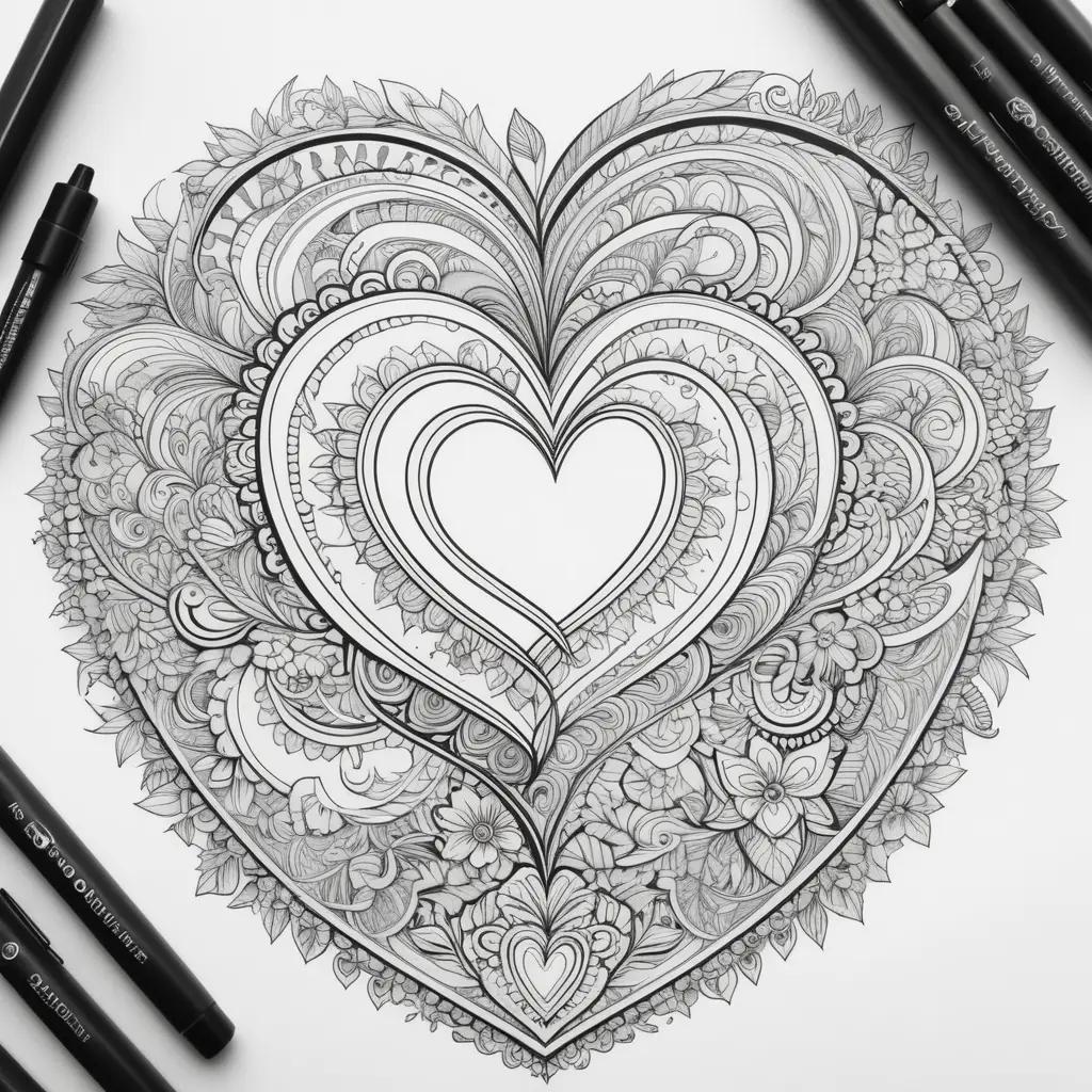 black and white love coloring page with a heart design