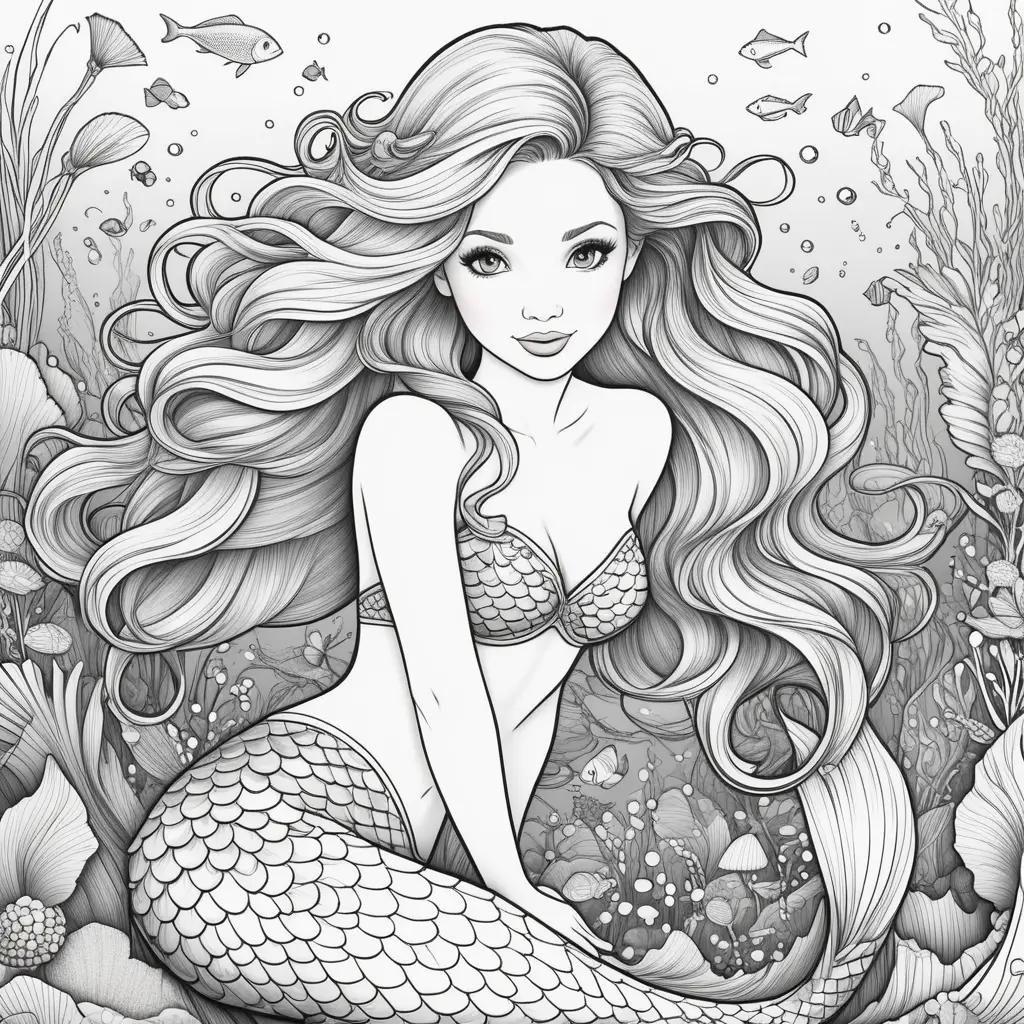 black and white mermaid color page with fish and plants